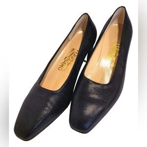 Salvatore Ferragamo Womens Pump black Leather 6.5 Block Heel 2"